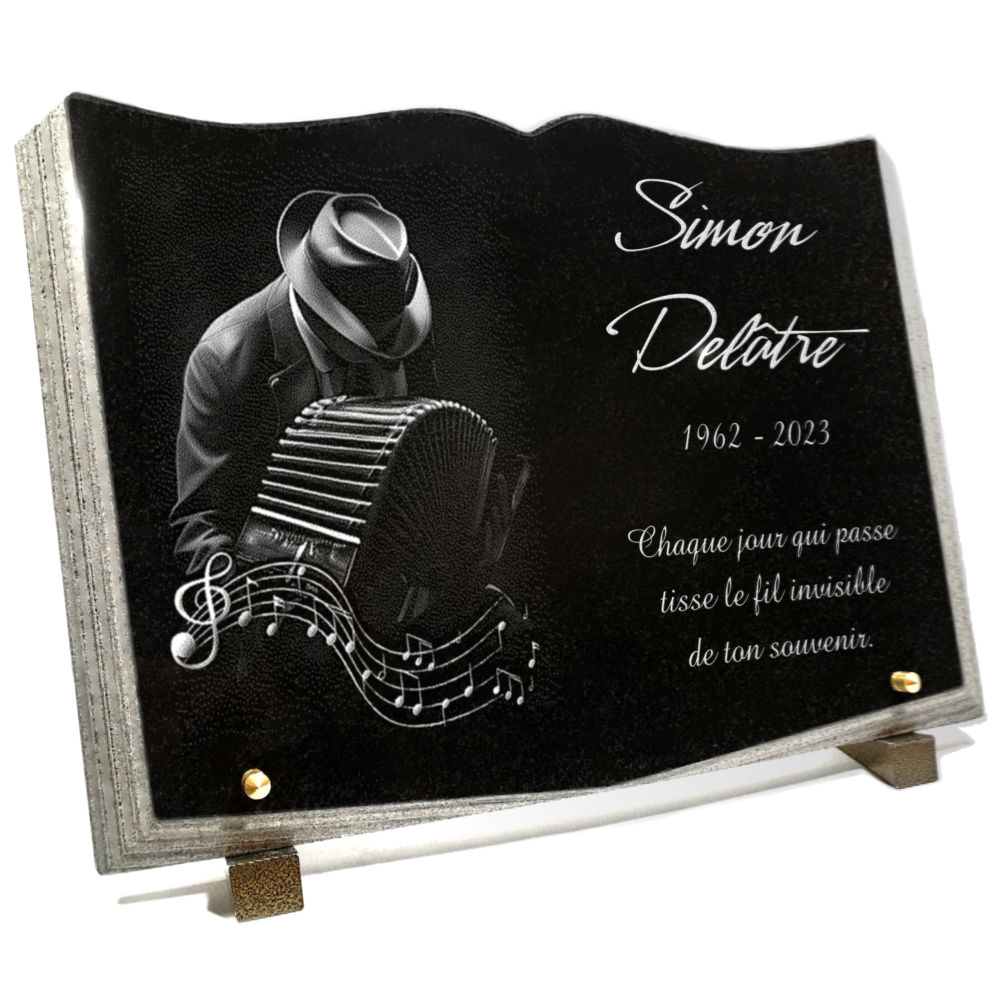 Plaque funéraire Livre granit, accordéon, notes de musique