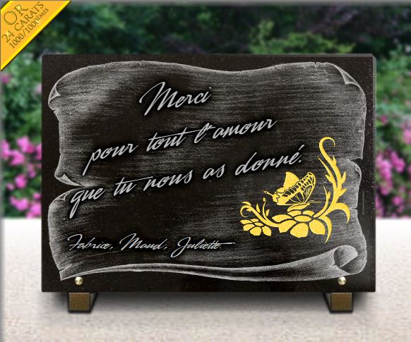 Plaque funeraire Gravure sur granit de Papillon, fleurs et parchemin : 