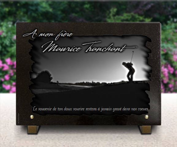 Plaque funeraire Golfeur gravé sur plaque funéraire en granit
