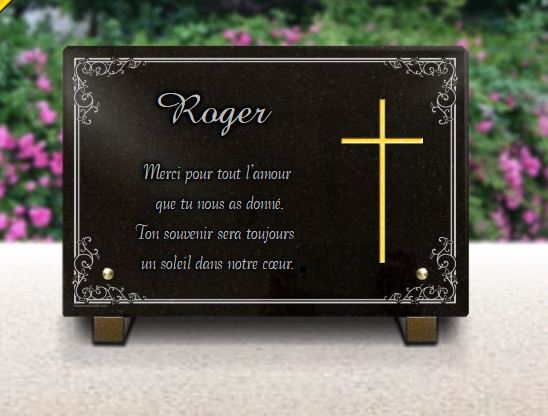 Plaque funeraire Personnalisez cette plaque en granit avec croix doré 24 caratset une très belle bordure décorative.