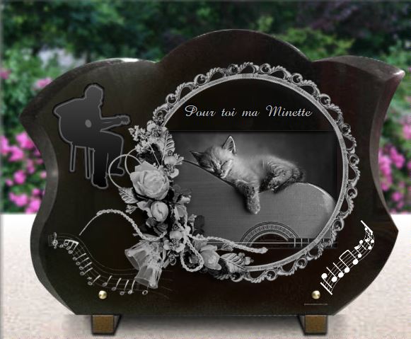 Plaque funeraire Chaton sur une guitare, fleurs et notes de musique