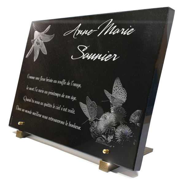 Plaque funeraire Papillon, fleurs, lys