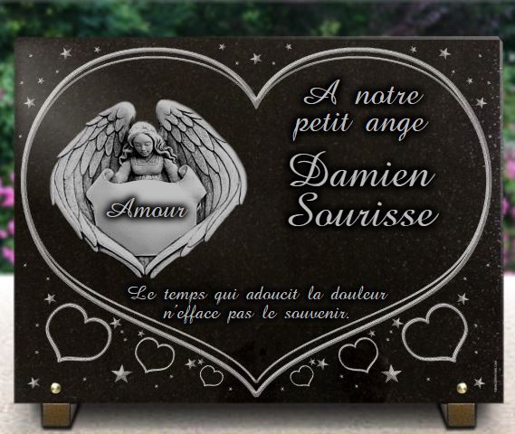 Plaque funeraire Ange, Coeur en gravure sur granit