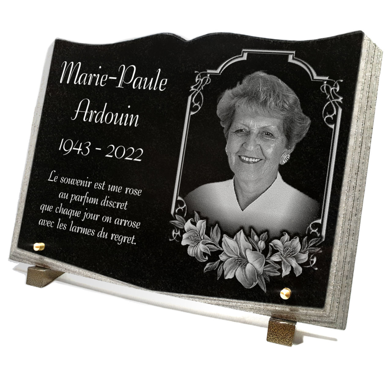Plaque funéraire Photo portrait gravé sur livre en granit avec cadre et fleurs