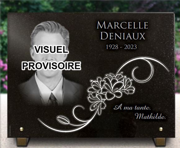 Plaque funéraire Photo, portrait gravé dans le granit, motif floral et textes