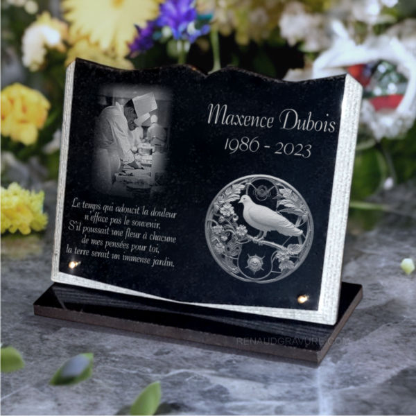 Plaque funéraire Cuisinier cuisto restaurateur, colombe et fleurs