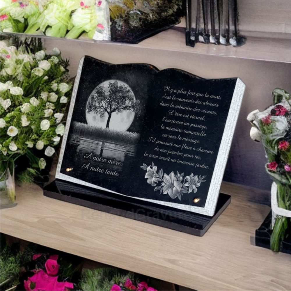 Plaque funeraire Arbre de vie, nature, lune et fleurs